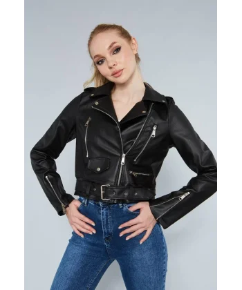 Kadın Fermuar Detaylı Kemerli Deri Ceket