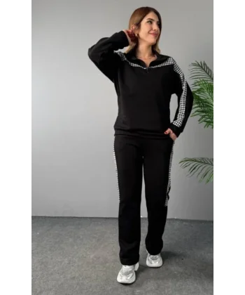 Kadın Fermuar Ve Ekose Detay weatshirt Ve Pantolon üç Iplik Kumaş Ikili Takım