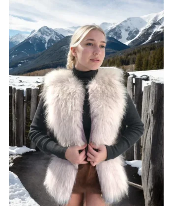 Kadın Fermuarlı Koyun Derisi Tilki Kürkü - Beyaz