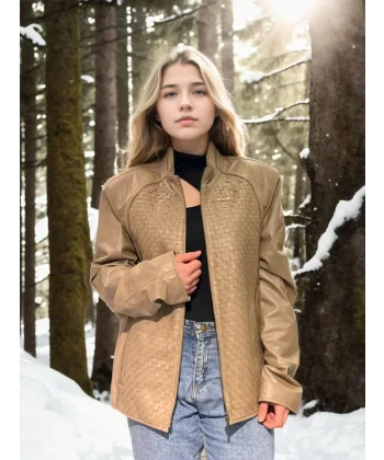 Kadın Fileli Deri Ceket - Krem