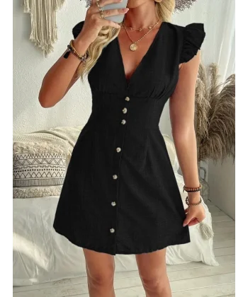 Kadın Fırfır Kollu V Yakalı Düğmeli Keten Elbise