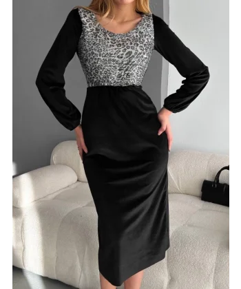 Kadın Fırsat ürünü eopar Desen Pul Payet Işlemeli idi Boy Kadife Kumaş Elbise