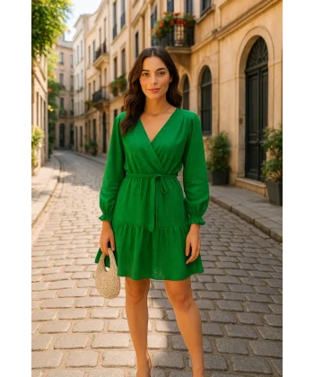 Kadın Fırsat ürünü Kruvaze Yaka Güpürlü Mini Elbise