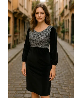 Kadın Fırsat ürünü Leopar Desen Pul Payet Işlemeli Midi Boy Kadife Kumaş Elbise