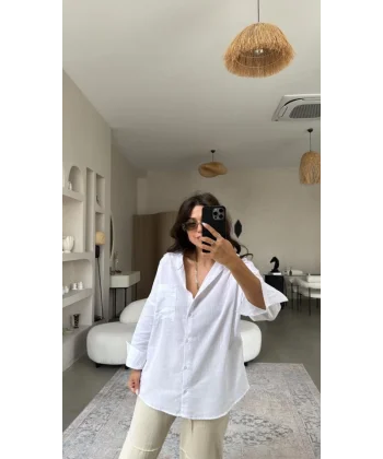 Kadın Flamlı Keten Tek Cep Oversızed Gömlek
