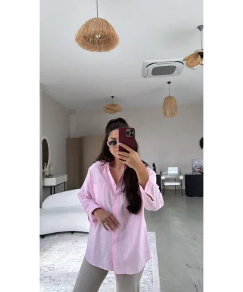 Kadın Flamlı Keten Tek Cep Oversızed Gömlek