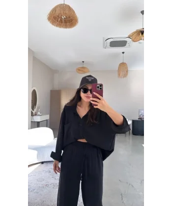 Kadın Flamlı Keten Tek Cep Oversızed Gömlek