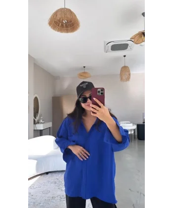 Kadın Flamlı Keten Tek Cep Oversızed Gömlek