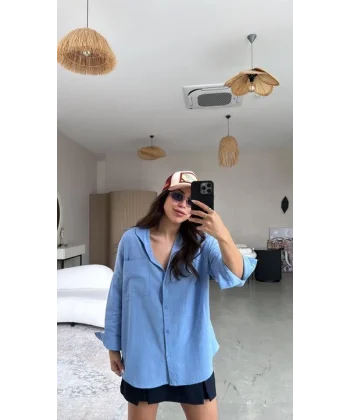 Kadın Flamlı Keten Tek Cep Oversızed Gömlek