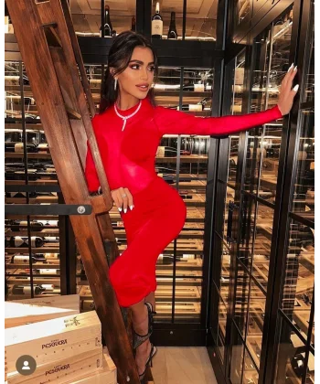 Kadın Full Likralı Sandy Ve Likralı Tül Kumaş Transparan Midi Boy Elbise