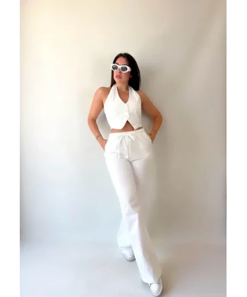 Kadın Gabardin Kumaş Boyundan Bağlamalı Yelek Bluz alaş Pantolon İkili Takım