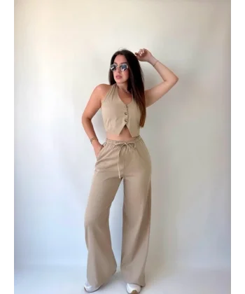 Kadın Gabardin Kumaş Boyundan Bağlamalı Yelek Bluz alaş Pantolon İkili Takım