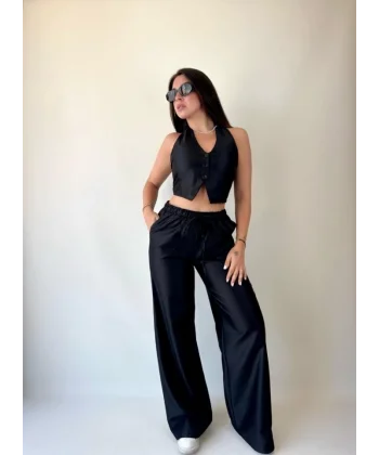 Kadın Gabardin Kumaş Boyundan Bağlamalı Yelek Bluz alaş Pantolon İkili Takım