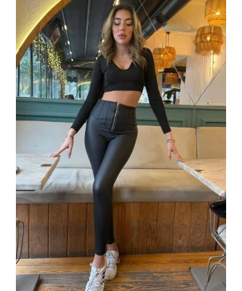 Kadın Geniş Fermuarlı Toparlayıcı Yüksek Bel Içi şardonlu Deri Tayt