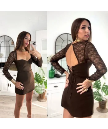 Kadın Gloplu Kare Yaka Dantel Transparan Ve Sırt Dekoltesi Detaylı Mini Elbise