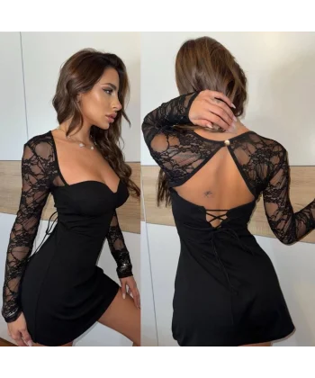 Kadın Gloplu Kare Yaka Dantel Transparan Ve Sırt Dekoltesi Detaylı Mini Elbise