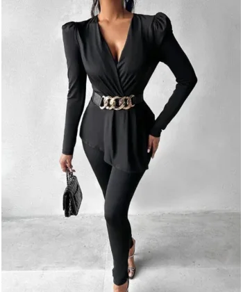 Kadın Göğüs Dekolteli Kemer Detaylı Asimetrik Kesim Tunik Ve Pantolon Fırsat ürün Ikili Takım