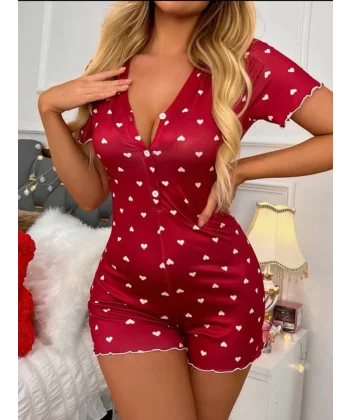 Kadın Göğüs Dekolteli Pinterest Kalp Desen Full ikralı şort Tulum