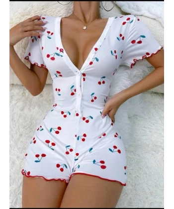 Kadın Göğüs Dekolteli Pinterest Kiraz Desen Full ikralı şort Tulum