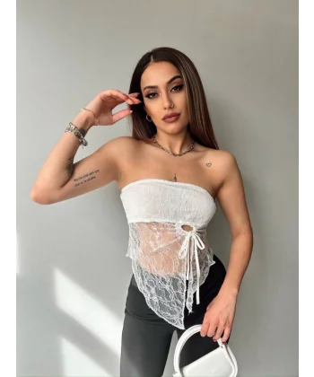 Kadın Göğüs Ve Sırt Dekolteli Transparan Dantel Detay Bluz