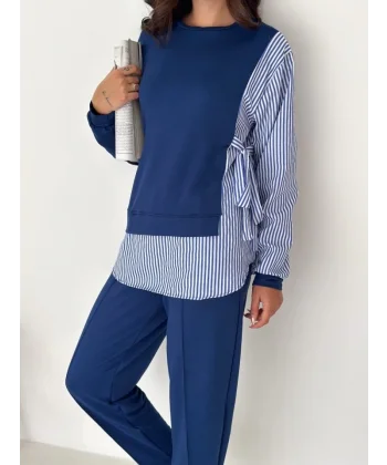 Kadın Gömlek çizgili Yandan Bağlamalı Ikili Takım