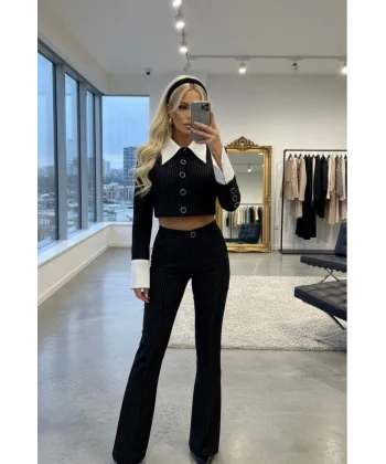 Kadın Gömlek Detay çixgili Ceket Ve Bol Paça Pantolon Ikili Takım