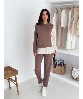 Kadın Gömlek Detay çizgili Yandan Bağlamalı Ikili Takım