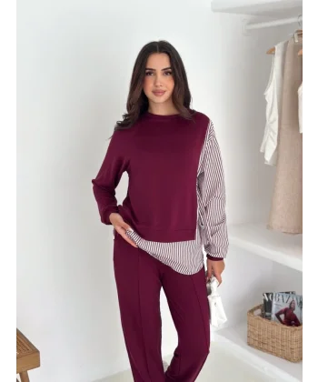 Kadın Gömlek Detay çizgili Yandan Bağlamalı Ikili Takım