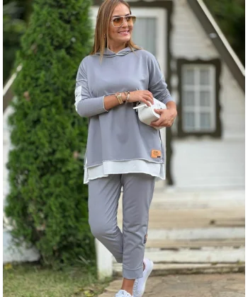 Kadın Gri Kapşonlu Etek Ucu Detay Arma Ters Dikiş Gorunumlu Ikili Takım