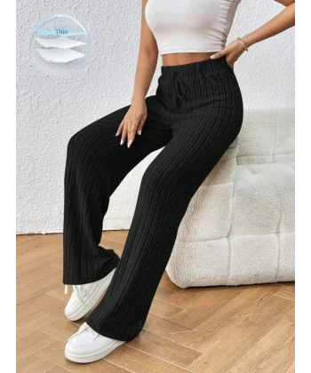 Kadın Hafif şardonlu Full Likralı Fitilli Kaşkorse Kumaş Bol Paça Pantolon