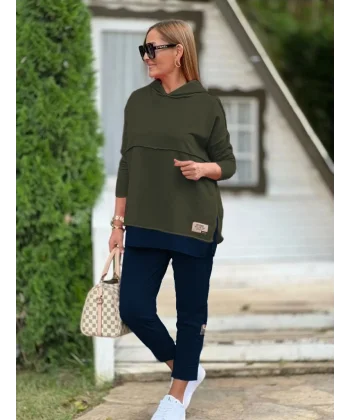 Kadın Haki Kapşonlu Etek Ucu Detay Arma Ters Dikiş Gorunumlu Ikili Takım