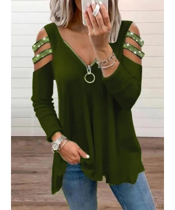 Kadın Haki Kolları Taş Işlemeli Uzun Kol Fermuarlı Viskon Bluz