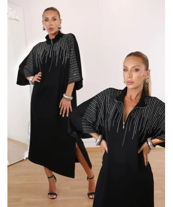 Kadın Hakim Yaka Fakir Kol Taş Detay Maxi Boy Salaş Elbise