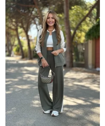 Kadın Hakim Yaka şerit Detay Hırka Ve Bol Paça Pantolon Ikili Takım