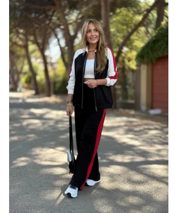 Kadın Hakim Yaka şerit Detay Hırka Ve Bol Paça Pantolon Ikili Takım