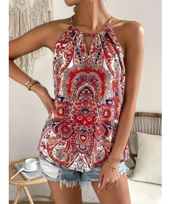 Kadın Halter Kollu Damla Detaylı Desenli Süprem Bluz