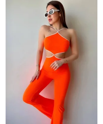 Kadın Halter Yaka Bel Dokolteli Tulum