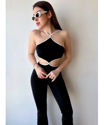 Kadın Halter Yaka Bel Dokolteli Tulum