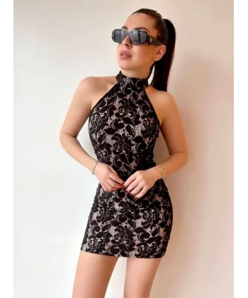 Kadın Halter Yaka Dantel Güpür Detay ırt Dekolteli Fırsat ürün ini Elbise