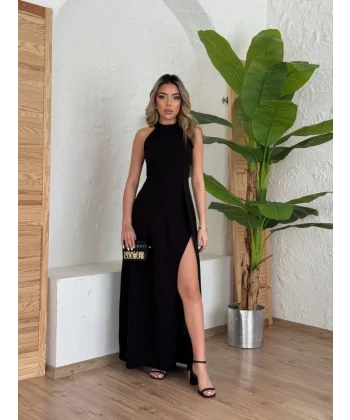 Kadın Halter Yaka Derin Yırtmaç Detaylı Tam Boy Ithal Krep Abiye Elbise