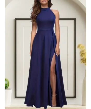 Kadın Halter Yaka Derin Yırtmaç Detaylı Tam Boy Janjan Krep Abiye Elbise