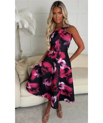 Kadın Halter Yaka Detay Ciçek Baskılı Midi Boy Elbise