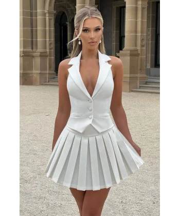 Kadın Halter Yaka Detay ırt Dekolteli Yelek Ve Pileli ini Etek Ikili Takım