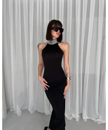 Kadın Halter Yaka Detay Kolsuz Maxi Boy Kalem Elbise