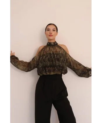 Kadın Halter Yaka Full Transparan Omuz Dekolteli Bluz