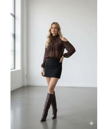 Kadın Halter Yaka Full Transparan Omuz Dekolteli Bluz