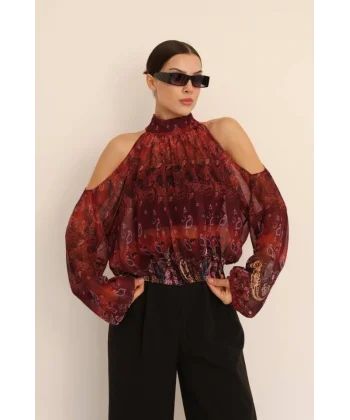 Kadın Halter Yaka Full Transparan Omuz Dekolteli Bluz