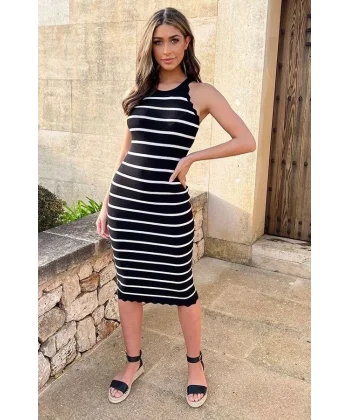 Kadın Halter Yaka Kolsuz çizgi Desenli Triko Elbise