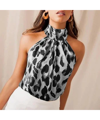 Kadın Halter Yaka Leopar Desenli Mikro Kumaş Bluz