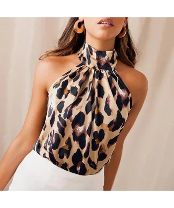 Kadın Halter Yaka Leopar Desenli Mikro Kumaş Bluz